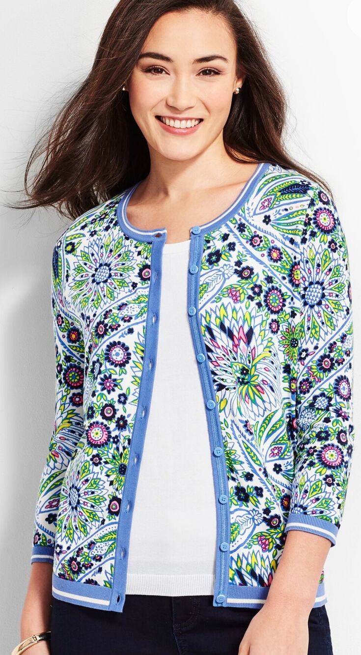 Talbots Charming Cardigan Womens Large LP Blooming Paisley Periwinkle Sweater